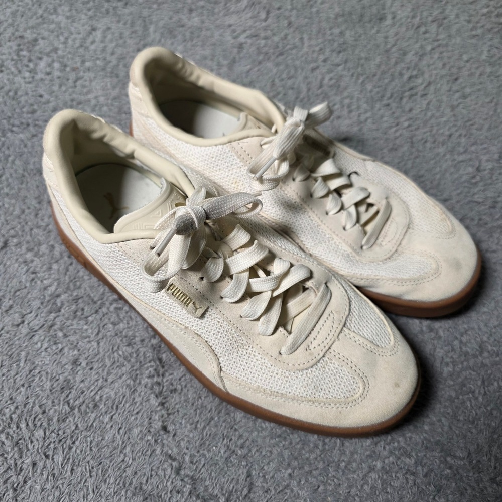 Puma Womens 9.5 Club Nylon Sneakers Cream Gum Sole 404213-01 Gold Accent